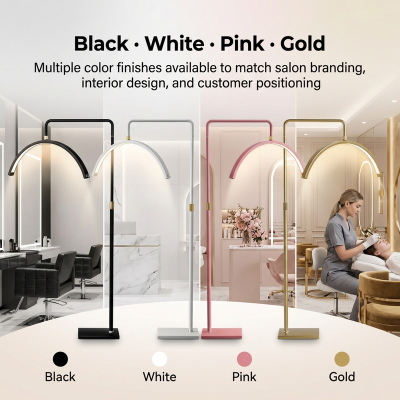 Four floor lamps in black, white, pink, and gold with a salon interior background.