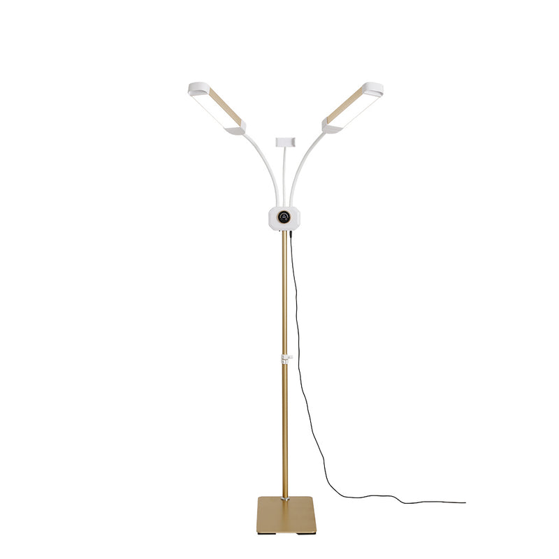 Modern floor lamp with two reading lights on a white background