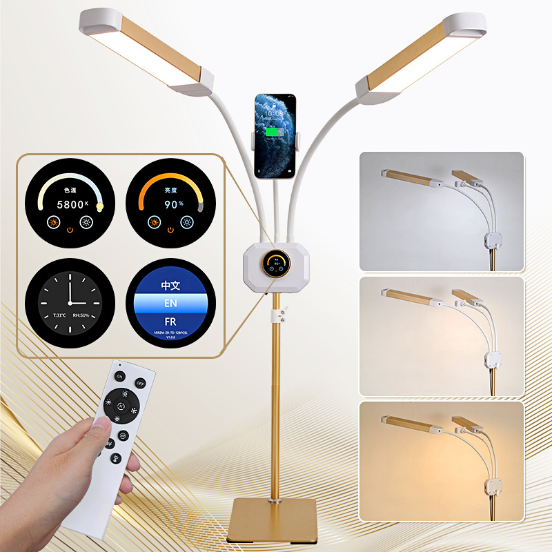 Multi-functional LED lamp with remote control and smartphone holder on a light background