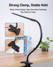 Black adjustable clamp on a wooden surface with text highlighting its features.