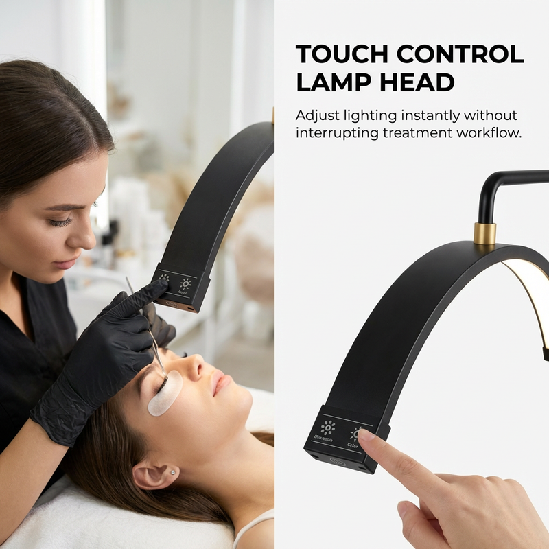 Woman receiving eyelash treatment with a touch control lamp head in a salon setting.