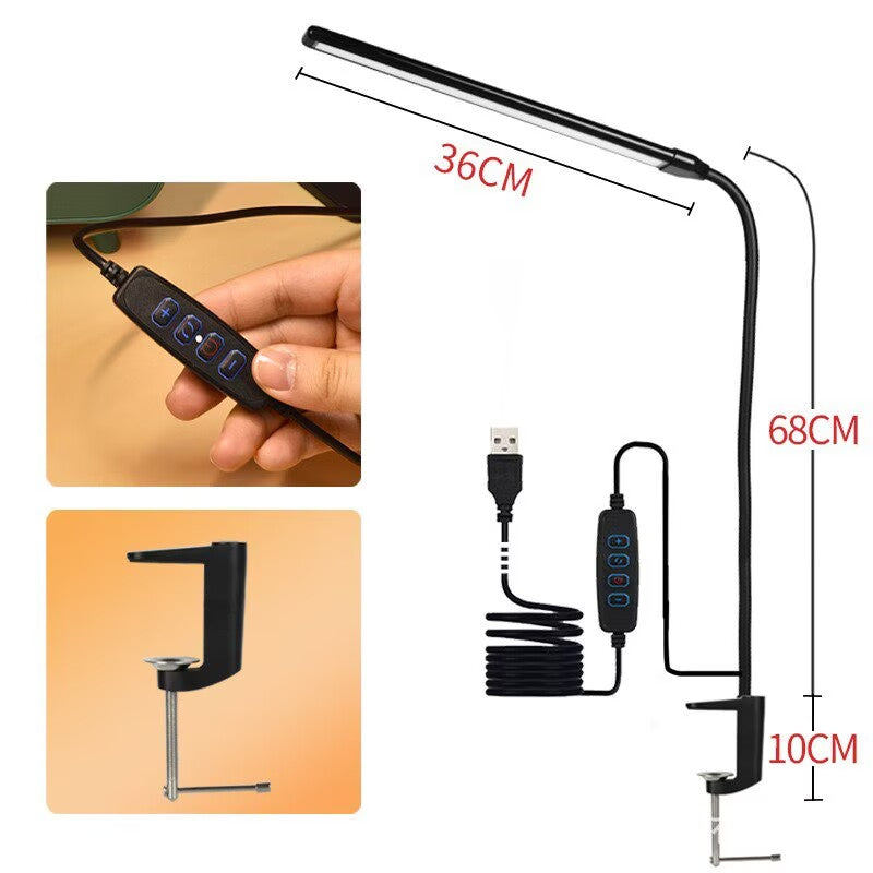 Black adjustable LED lamp with USB cable and measurements on a white background