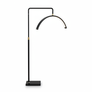 Modern black floor lamp with curved arm on a white background