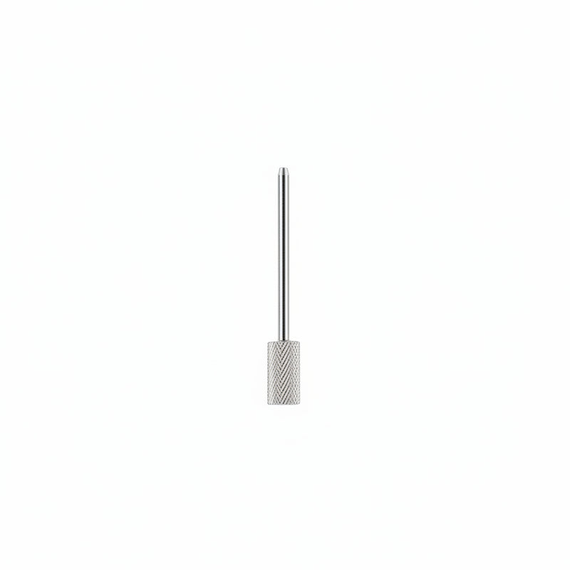A silver metal nail drill bit with a textured knurled base, shown vertically against a plain white background.