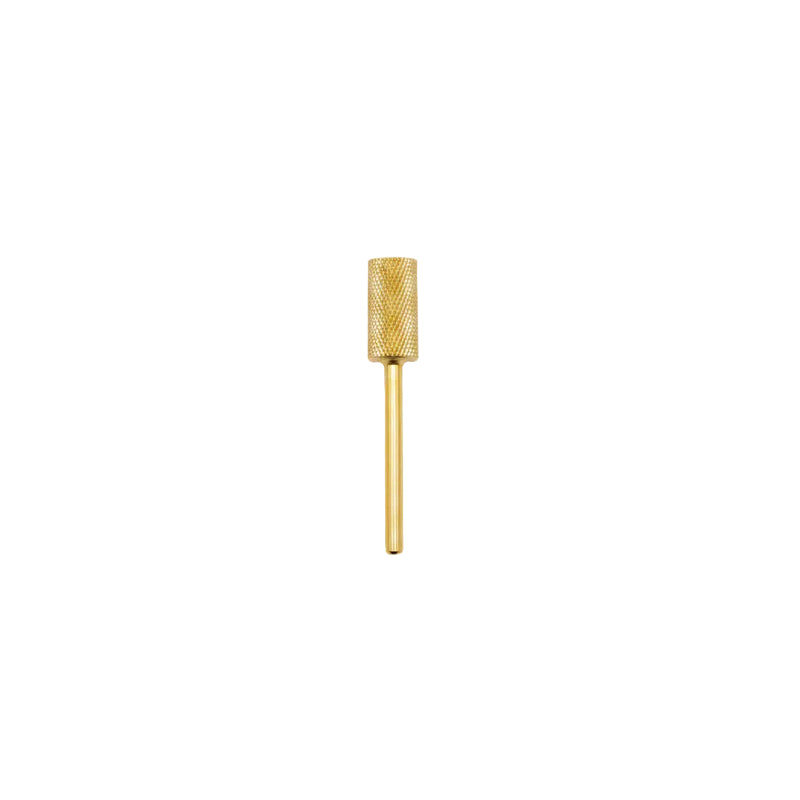 A small gold-colored nail drill bit with a textured cylindrical head and a straight shaft, centered on a plain white background.