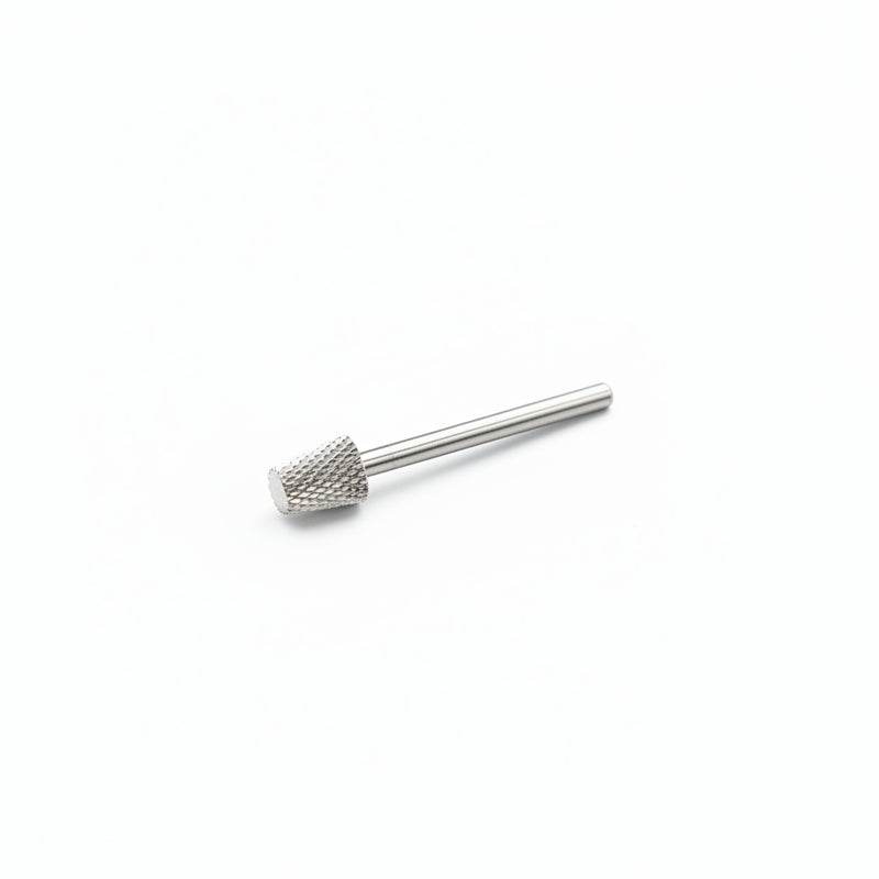 A silver metal rotary nail drill bit with a textured diamond-cone head and a straight shank, shown on a plain white background.