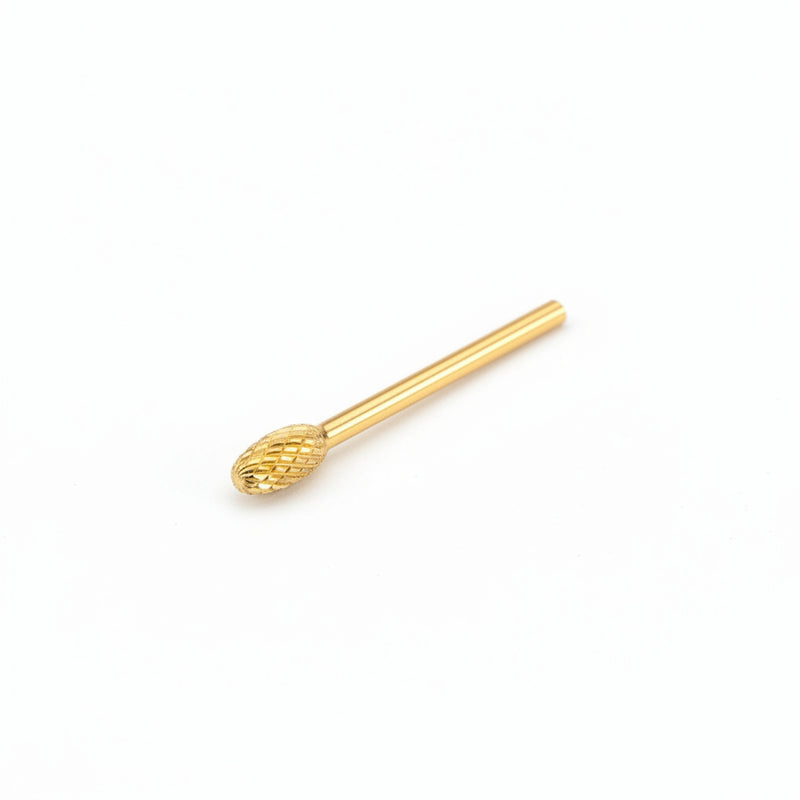A gold-colored nail drill bit with a textured, diamond-patterned head and a straight cylindrical shank, shown on a plain white background.