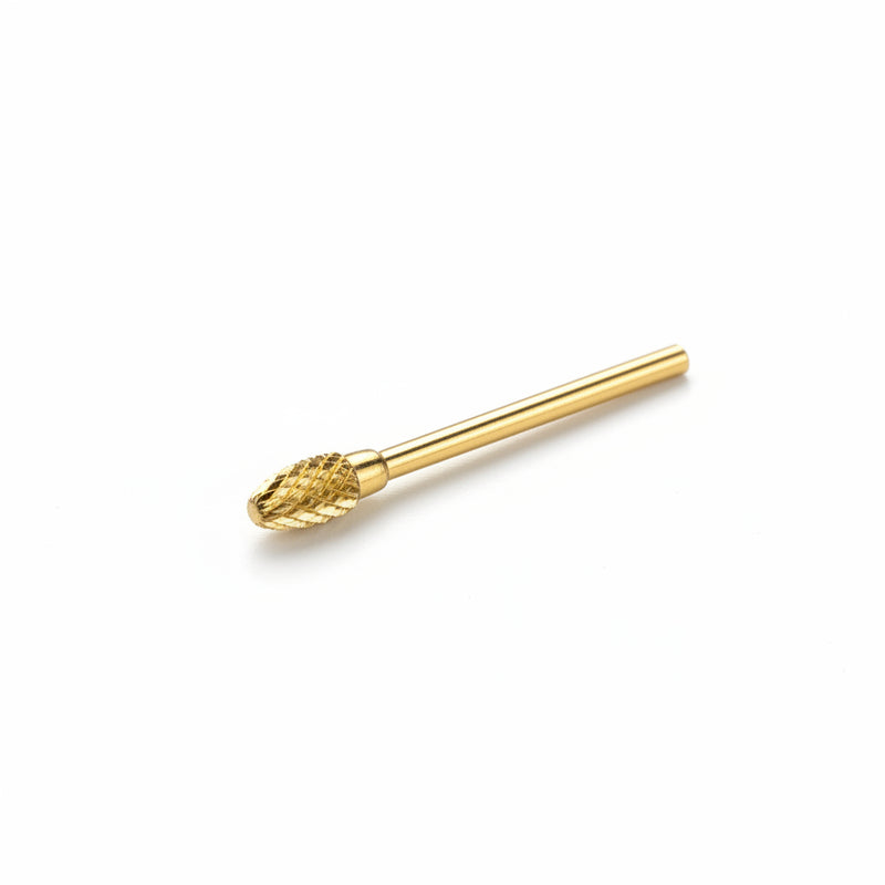A gold-colored nail drill bit with a textured, leaf-like decorative head, shown on a plain white background.
