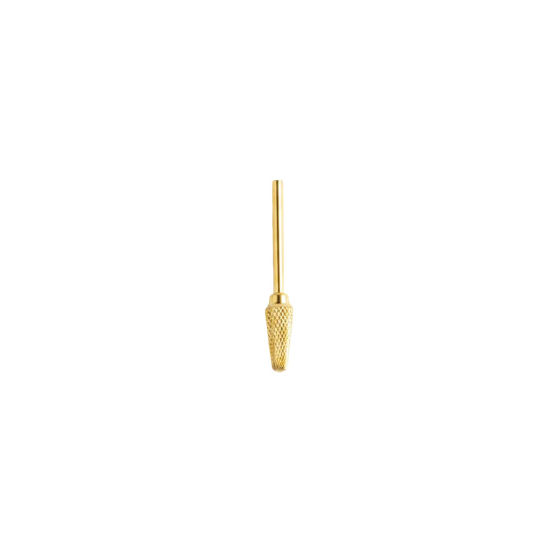 A small gold-colored nail drill bit with a textured knurled grip and a straight shaft, centered on a plain white background.
