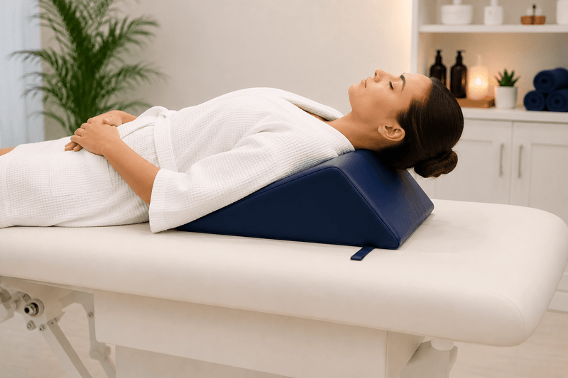 A woman in a white robe lies on a white massage table, using a dark blue wedge pillow for support in a spa-like room.