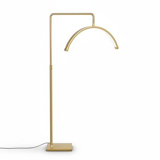 Gold floor lamp with curved arm on a white background