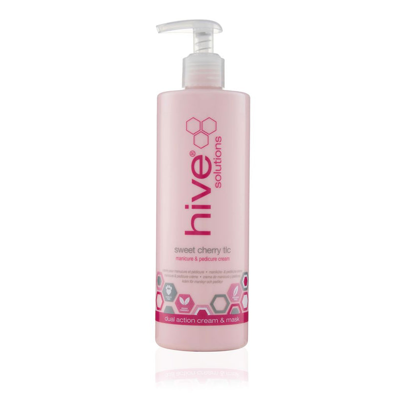 Pink bottle of Hive Solutions sweet cherry tlc manicure and pedicure cream  in a pump bottle on a white background