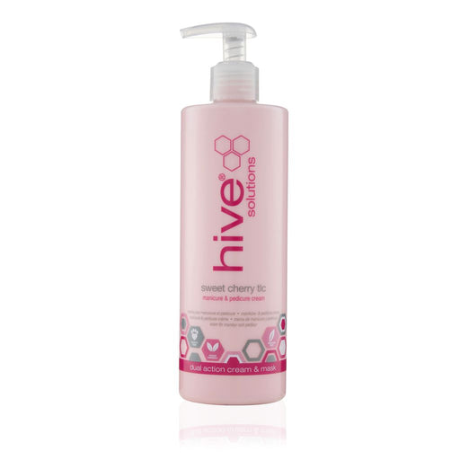 Pink bottle of Hive Solutions sweet cherry tlc manicure and pedicure cream  in a pump bottle on a white background