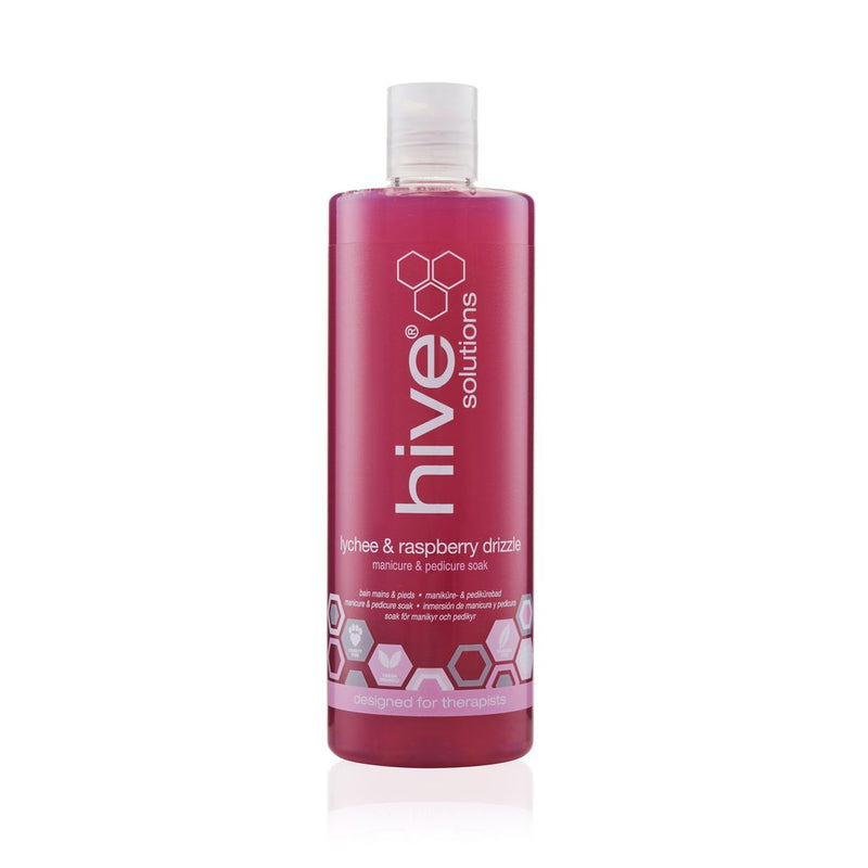 Pink bottle of Hive Solutions with white cap on a white background - Hive Lychee & Raspberry Drizzle Soak 400ml
