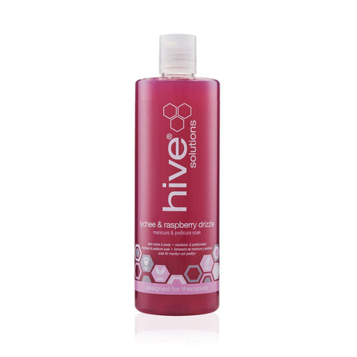 Pink bottle of Hive Solutions with white cap on a white background - Hive Lychee & Raspberry Drizzle Soak 400ml