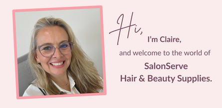 Introduction card with a photo of a woman and text about SalonServe Hair & Beauty Supplies on a white background.
