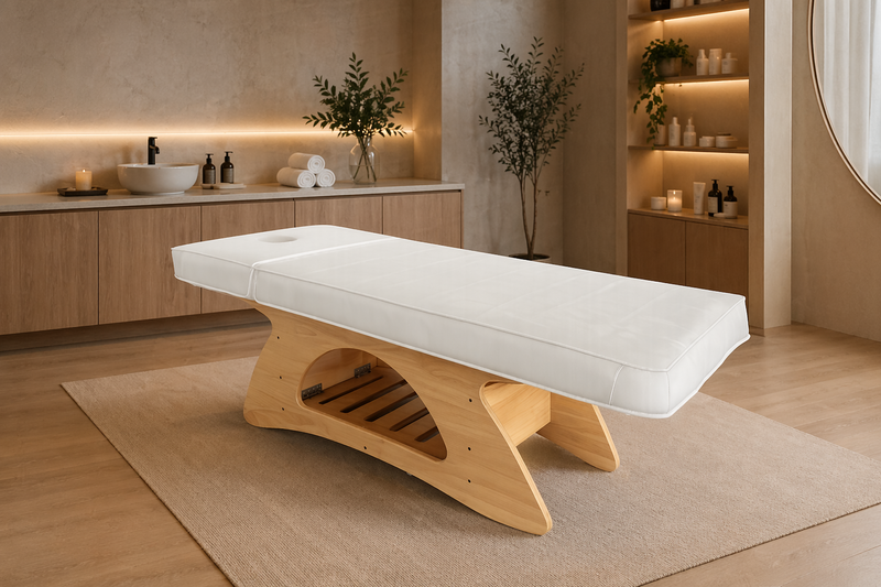 White massage table with clear PVC couch cover in a spa setting with wooden floor and neutral decor