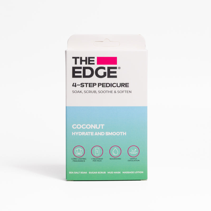 The Edge 4-step pedicure kit packaging with gradient design on a white background