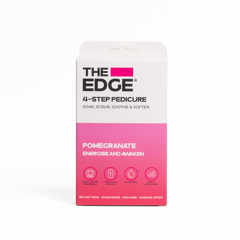 The Edge 4-step pedicure kit packaging with pink and white design on a white background