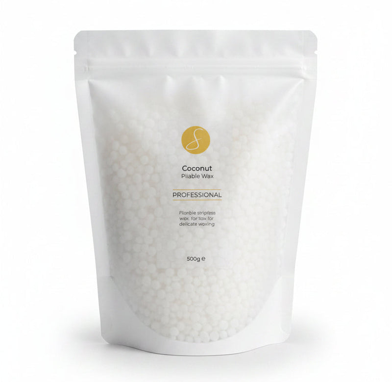 coconut peel off pliable wax pellets in a white resealable bag
