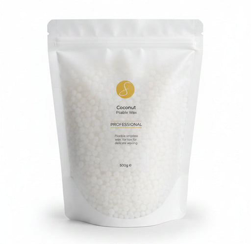 coconut peel off pliable wax pellets in a white resealable bag
