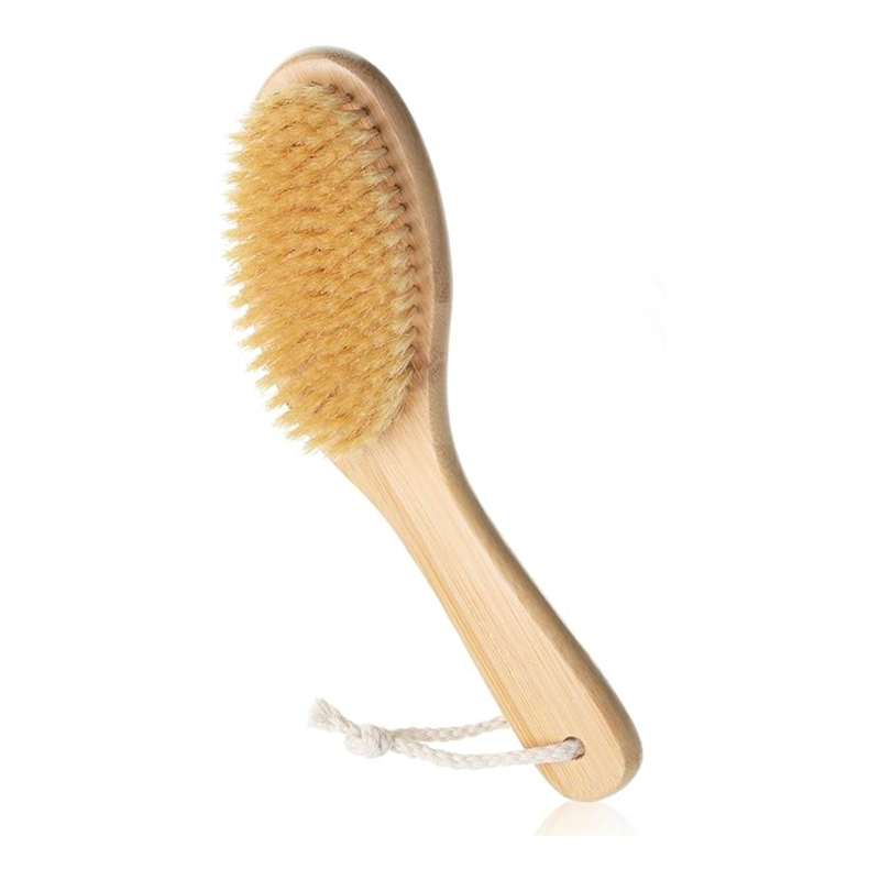 Wooden body brush with natural bristles on a white background