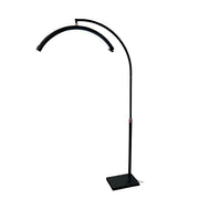 Black floor lamp with curved arm on a white background