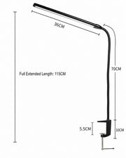 Measurement chart of a black adjustable lamp with dimensions labeled.
