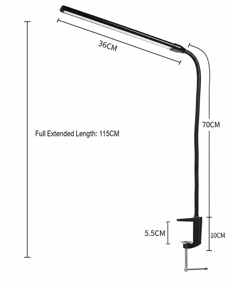 Measurement chart of a black adjustable lamp with dimensions labeled.