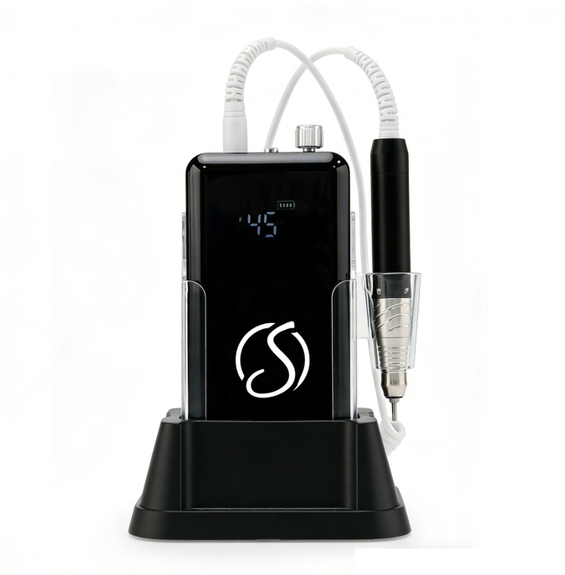 black electronic e-file nail drill device with digital display and pen-like drill on a white background