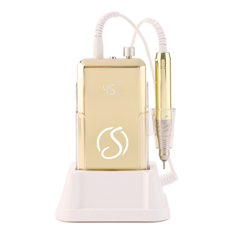 Gold electronic e-file nail drill device with digital display and pen-like drill on a white background