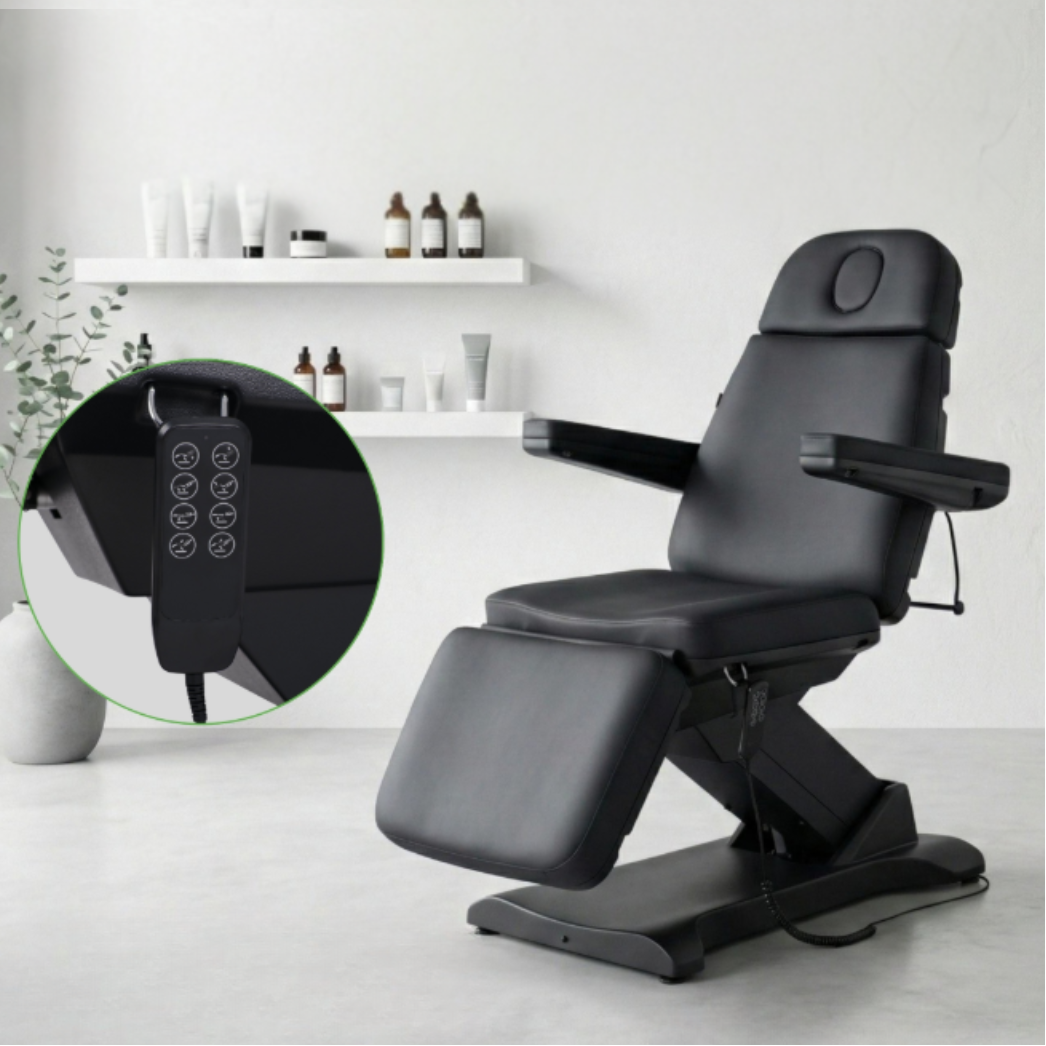 Black massage chair with control panel in a room setting