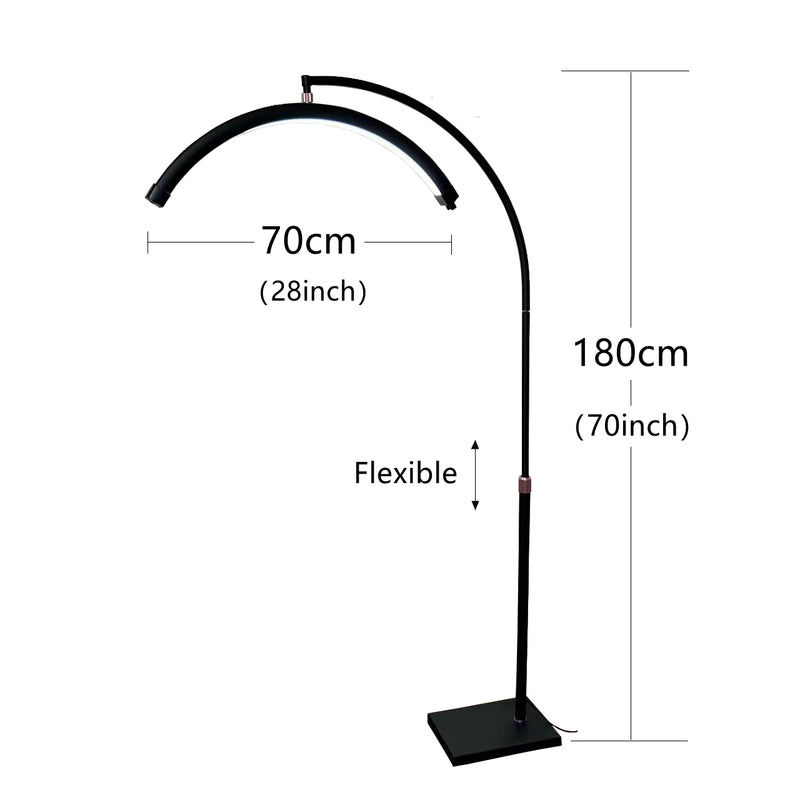 Black floor lamp with measurements on a white background