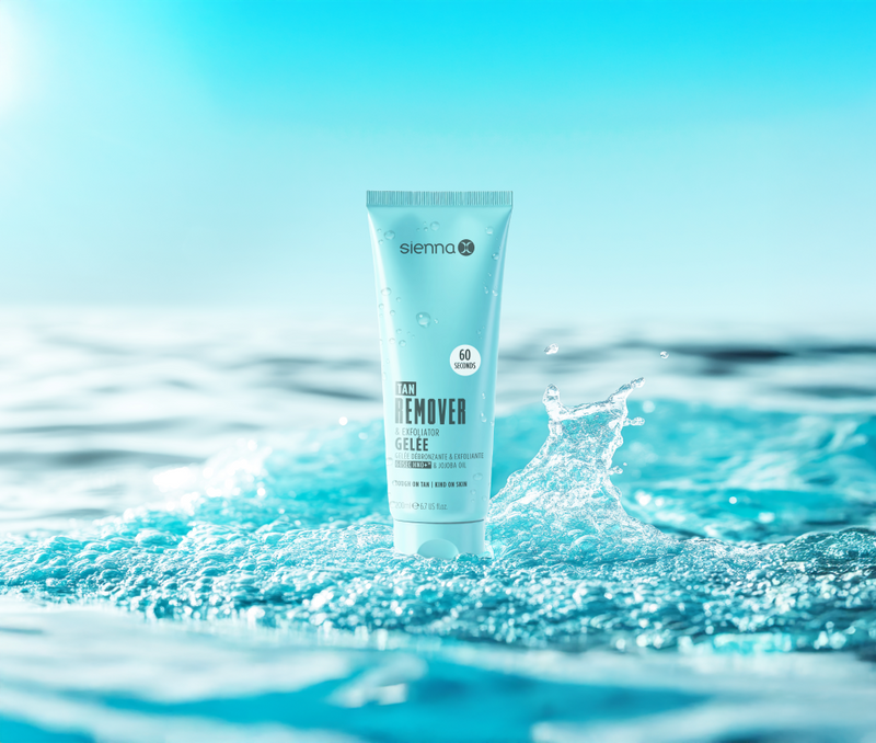 sienna x tan remover and exfoliator scrub in a blue bottle