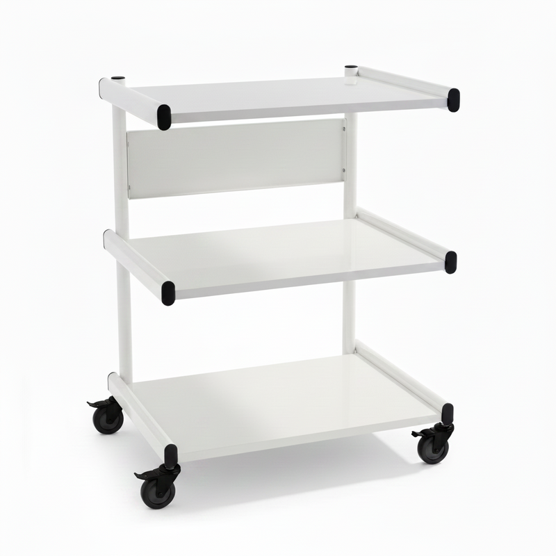 trio white salon trolley with three shelves on wheels