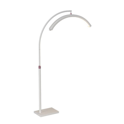 White floor lamp with curved arm on a white background