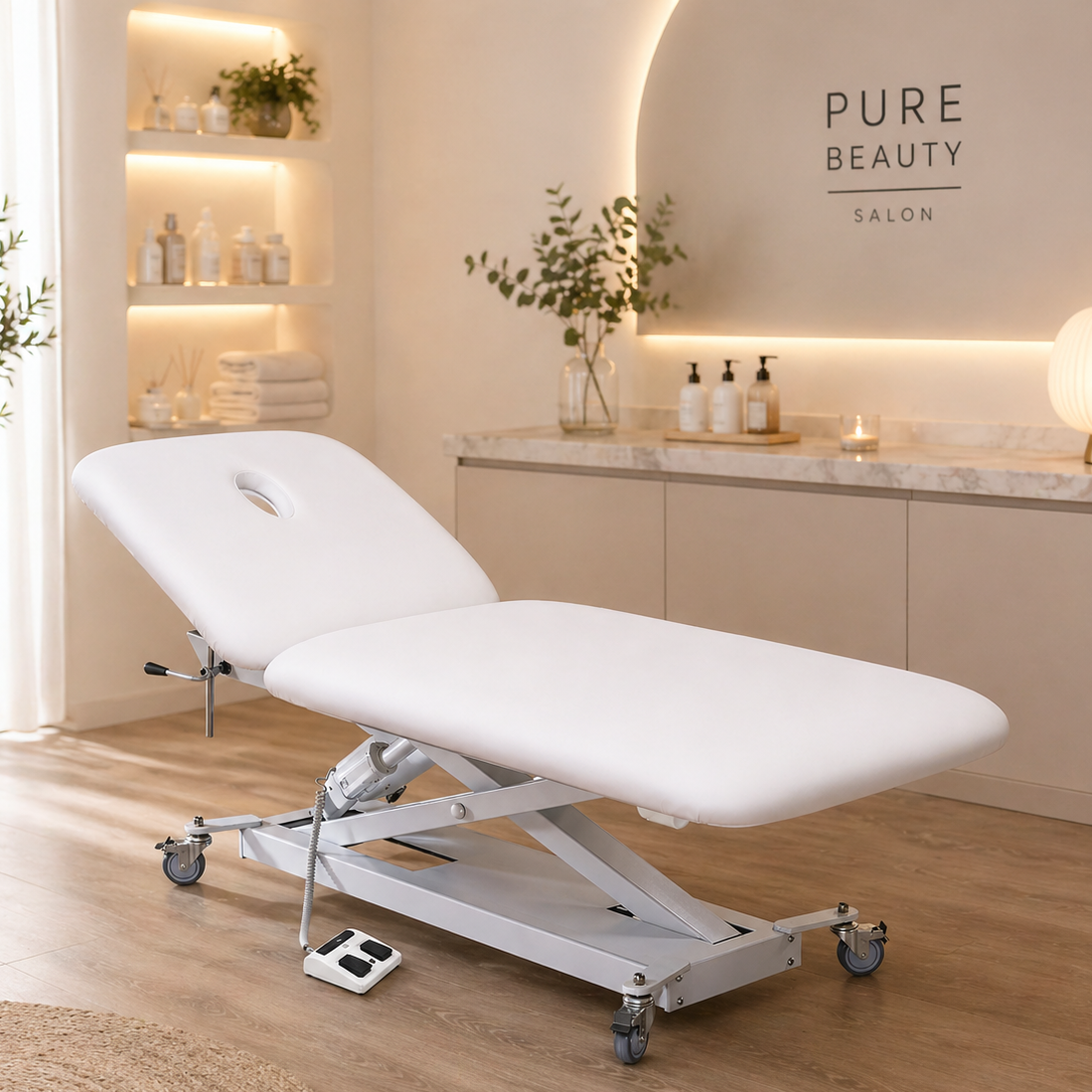 White massage table in a spa setting with 'PURE BEAUTY SALON' branding.