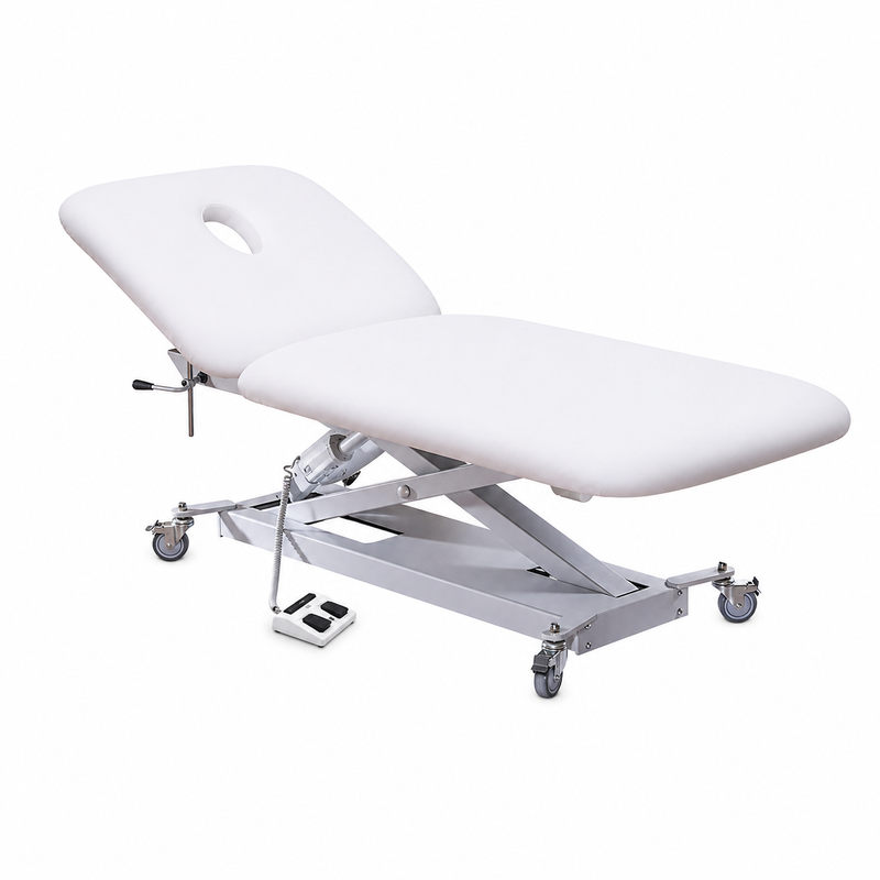 White massage table with adjustable headrest on a white background with facehole and electric height adjustment